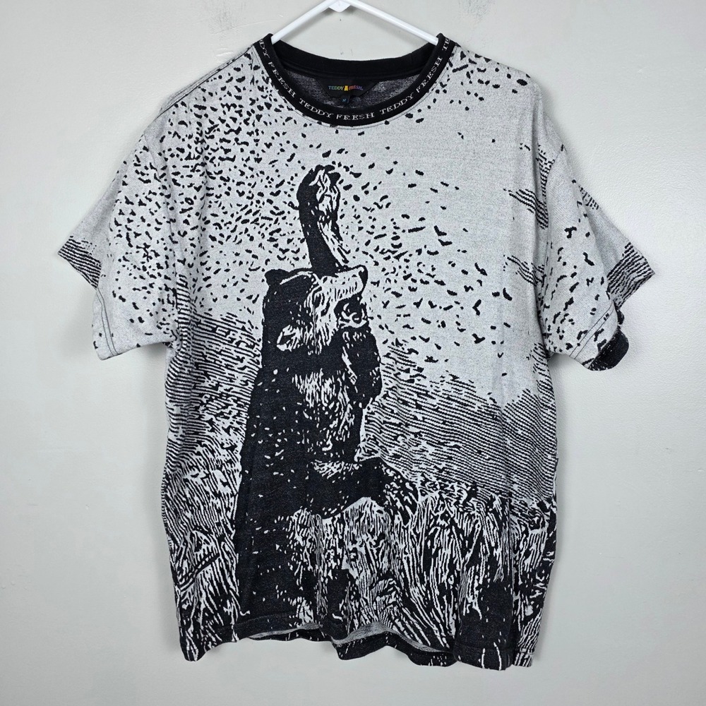 Teddy Fresh Mens Black White Bear All Over Graphic Print AOP T Shirt Top